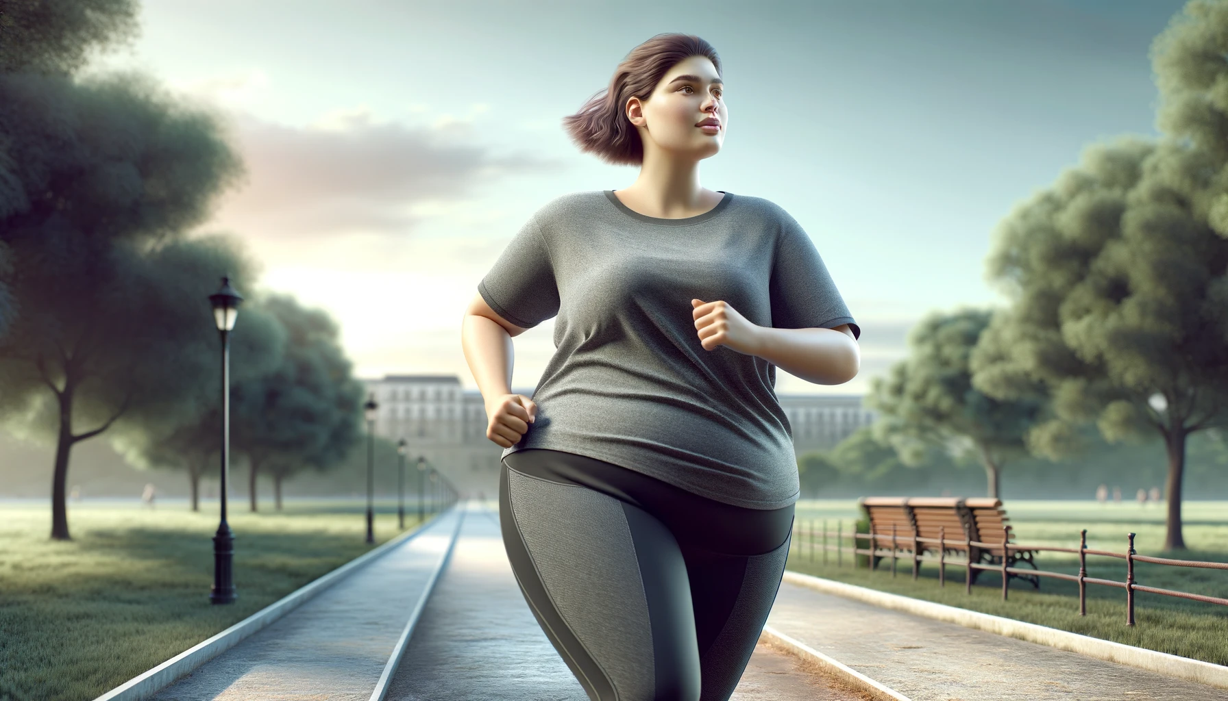 A young overweight woman with a chubby figure is depicted running outdoors